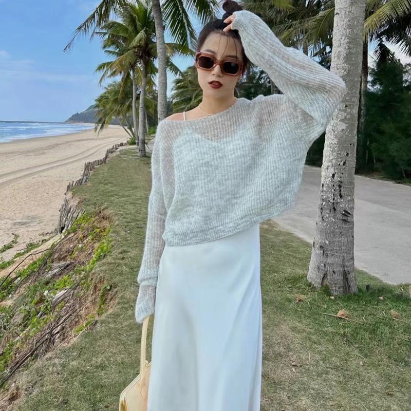 Women's Knitted Sweaters Thin See Through Casual Oversized Long Sleeve Sweater Lady Sexy Hollow Out Mesh Pullover Beach T-shirts