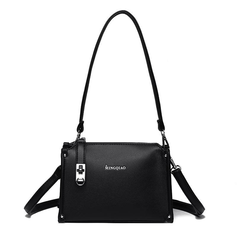 Damen Schwarz PU-Leder Umhängetasche, Kleine Lässige Schulterhandtasche mit Metallschnalle, Tägliche Geldbörse