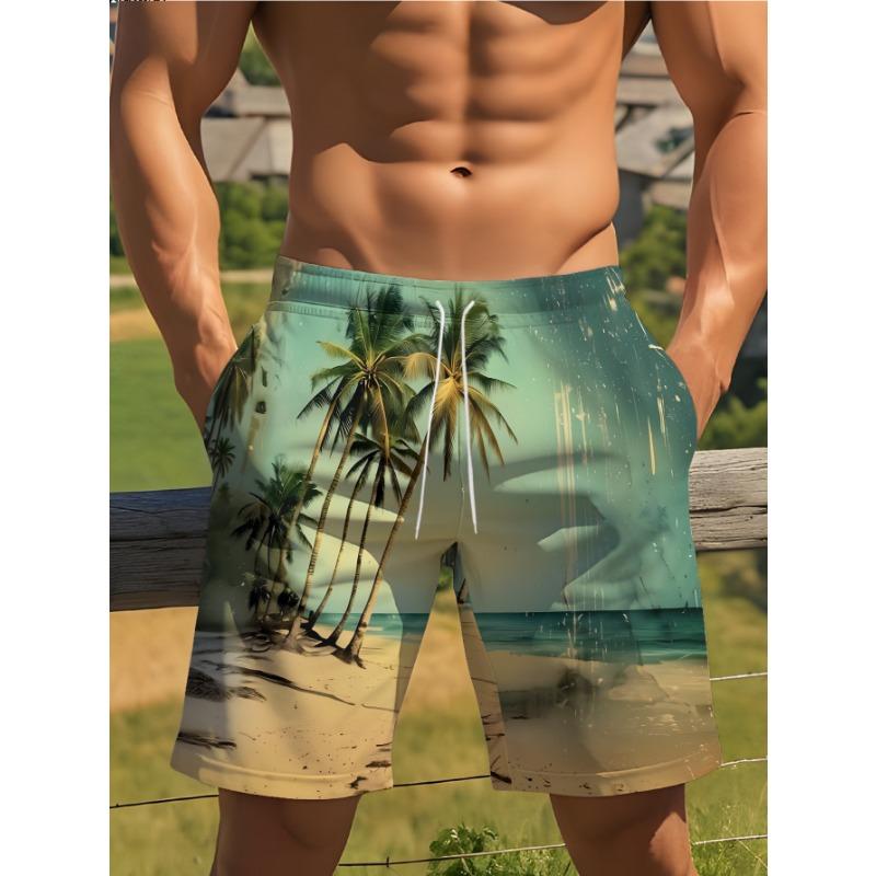 

1 piece coconut tree print board shorts - non-textured, elastic waist, perfect for surfing, swimming and summer vacations, washable swimwear S