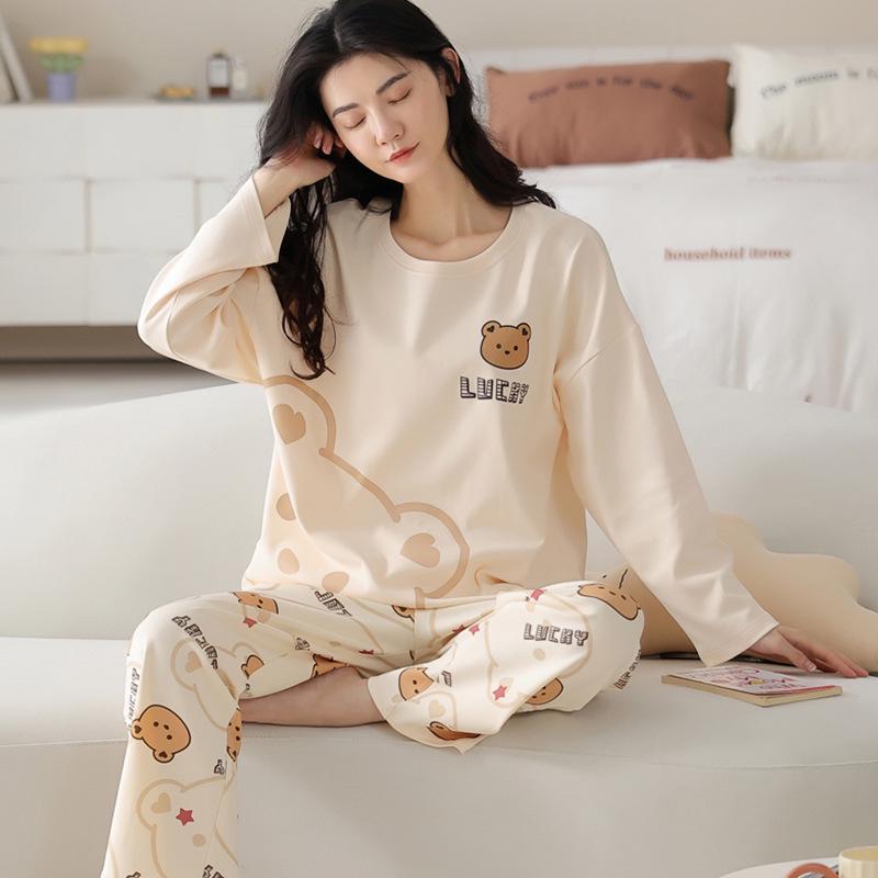 Women's Pure Cotton Long Sleeve Pajamas with Built-in Bra Pads - Cozy for Autumn/Winter, Casual Home Wear, and Suitable for Outdoors.
