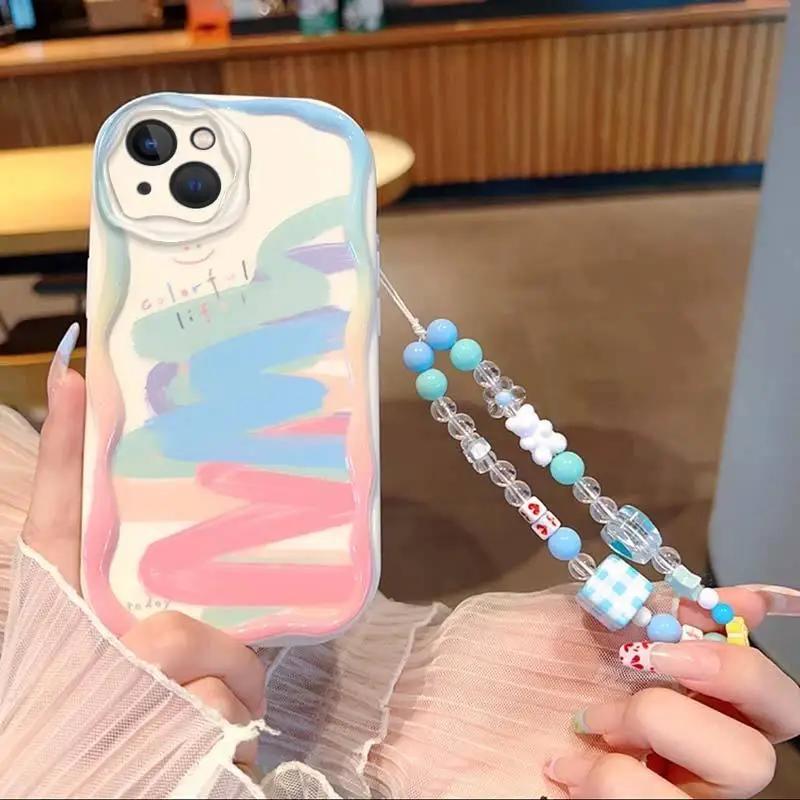 Wave Case For Iphone 15 16 Pro Max 11 12 13 14 Pro Max 16 Plus 7 8 XR X 13 Mini Cover With Wrist Strap Lanyard Rainbow Butterfly