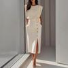 Women's Crew Neck Sleeveless Midi Dress Slim Fit High Waist Solid Color Gold Button Side Split Pencil Dress