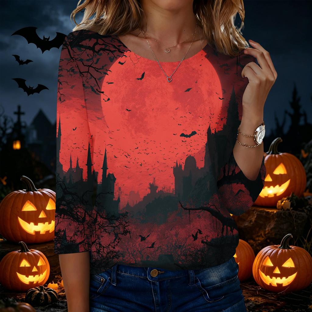 Women's Casual Round Neck Three Quarter Sleeve Halloween Print T Shirt Top Lightweight Comfortable Fit