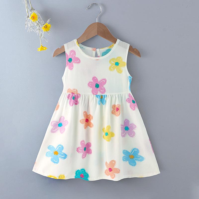 Girls' Floral Summer Princess Beach Dress, Cotton Silk Tank, A-line Skirt