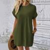Summer Women Mini Dress Casual Loose Dolman Sleeve Round Neck Short Sleeves Side Pockets Above Knee Length Solid Color Soft Breathable Lady Dress