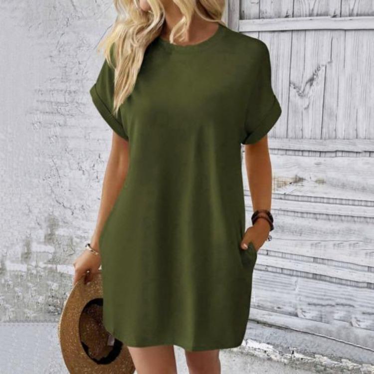 Summer Women Mini Dress Casual Loose Dolman Sleeve Round Neck Short Sleeves Side Pockets Above Knee Length Solid Color Soft Breathable Lady Dress
