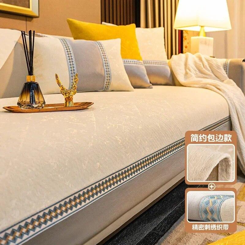 Modern Splicing Sofa Cover Solid Color Luxury Chenille Non-slip Sofa Cushion Four Seasons Universal Cover Anti Cat Scratch Mats