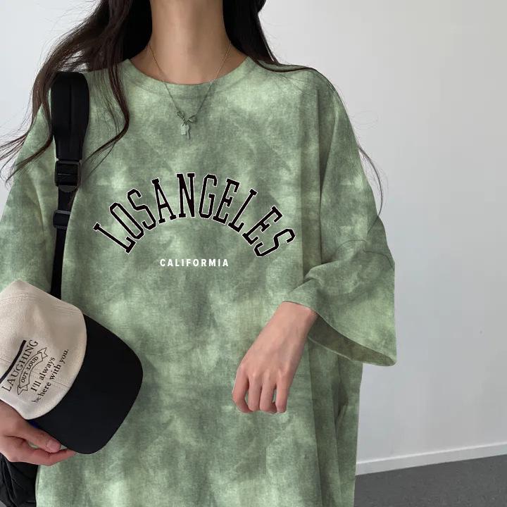 Plus Size Tie-Dye Mid-Length Casual Short-Sleeve Dress - Japanese Korean Style Summer Women's T-Shirt Dress