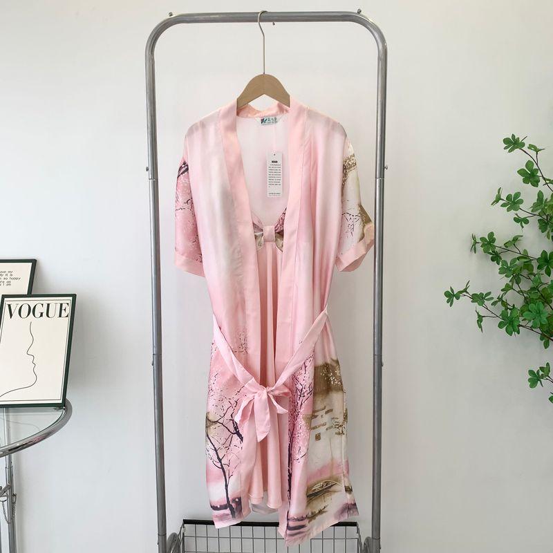 Japanese Style Kimono Pajamas Women's Summer Thin Ice Silk Short Sleeve Bathrobe Sexy Two-Piece Sling Homewear Can Be Outwear
