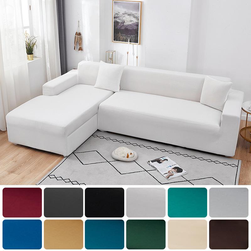 Elastic Solid Color White Sofa Covers for Living Room Corner Couch Cover L Shaped Chaise Longue Chair Slipcovers 1/2/3/4 Seater