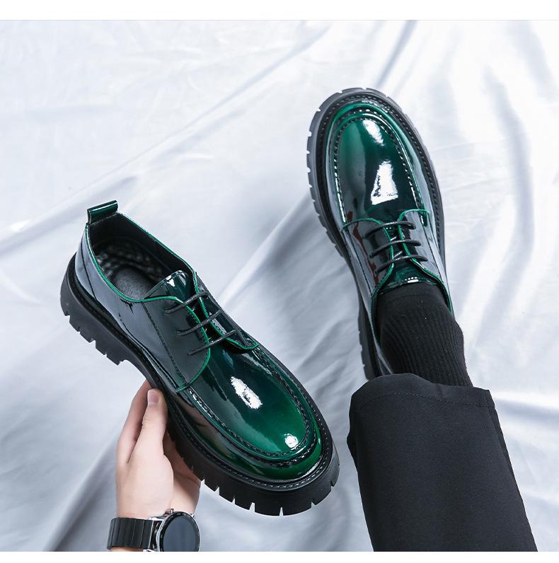 Men's Large Glossy Leather Lace-Up Loafers with Thick Sole and Chunky Heel
