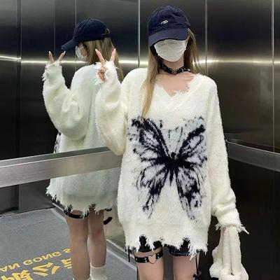 Grunge Butterfly Print Knitted Knit Sweater Women Gothic Goth Harajuku Punk Off Shoulder Hoolow Out Pullovers  Autumn