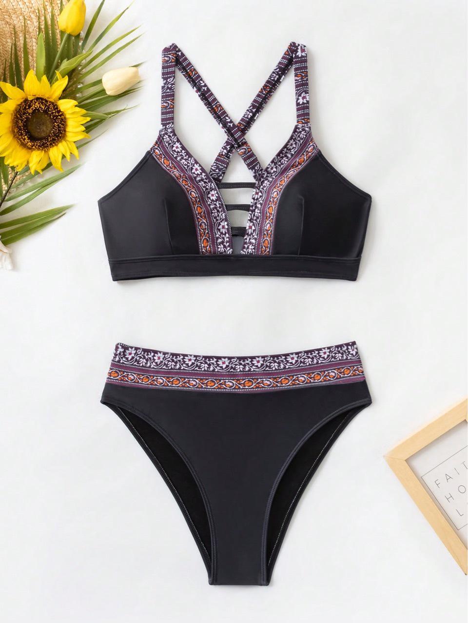 

Ретро бикини с высокой талией с европейским и американским принтом, коллекция 2025 Large