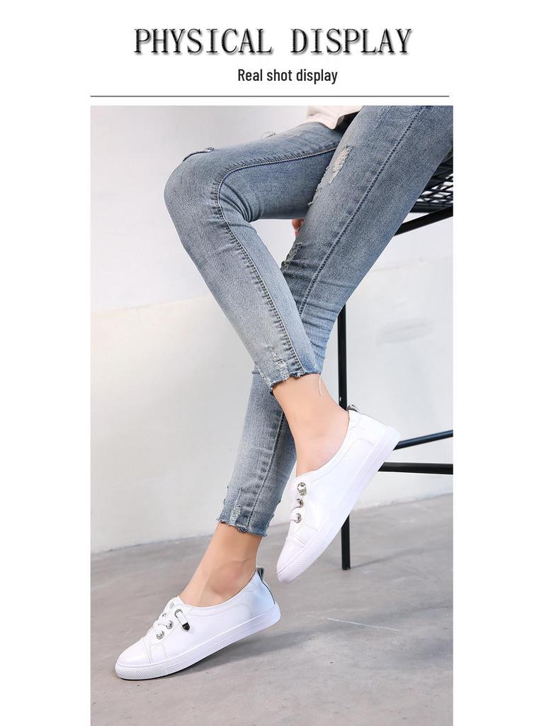 Women's White Genuine Leather Flats - 2023 Korean Style. Versatile, Trendy, Plus Size Casual Shoes for Spring/Summer.