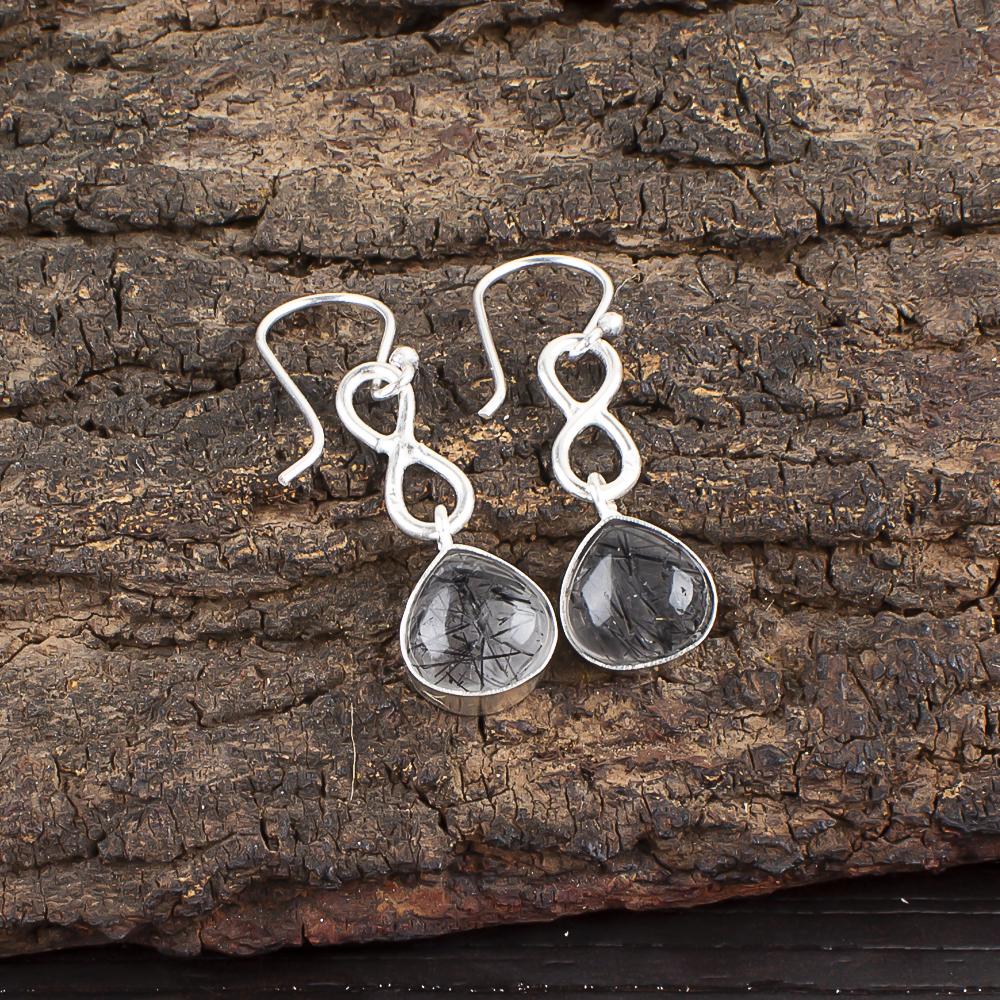 Natural Black Rutile Gemstone 925 Sterling Silver Earrings 1.60" Handmade Partywear Jewelry EE-15-24