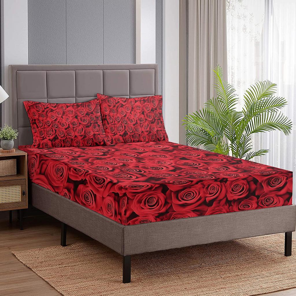 3-Piece Bed Linen Set With Roses All Over, Comes With Two Pillowcases, Suitable For The Bedroom (Romantic, Couples)
