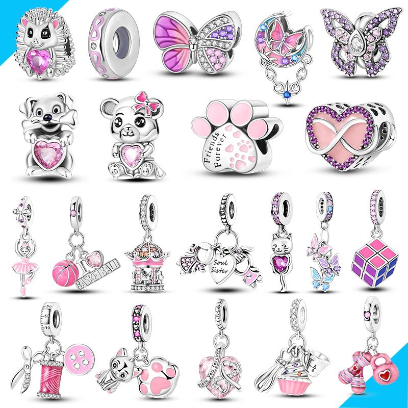 Pink Series Copper Charm Bead Pendant Fit Original Bracelet Necklace Diy Jewelry Making For Woman Gift