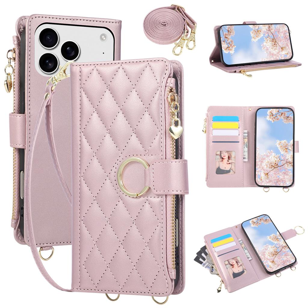 Applicable to iPhone17 leather case Samsung S26 Xiaoxiangfeng ring buckle zipper wallet insert card oblique span protective case A57