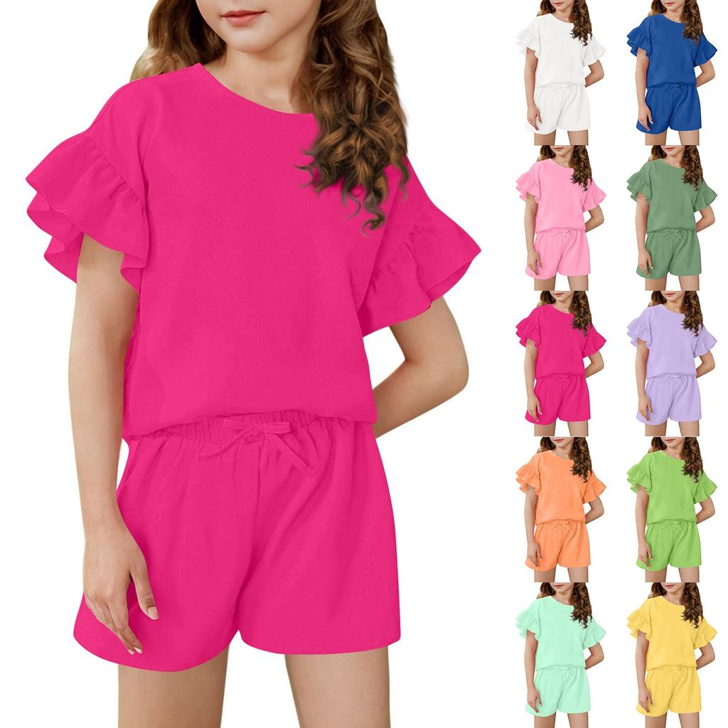 Girls' Summer Outfit Ruffle Sleeve Top And Shorts Clothing Set Lightweight Casual Two Piece
