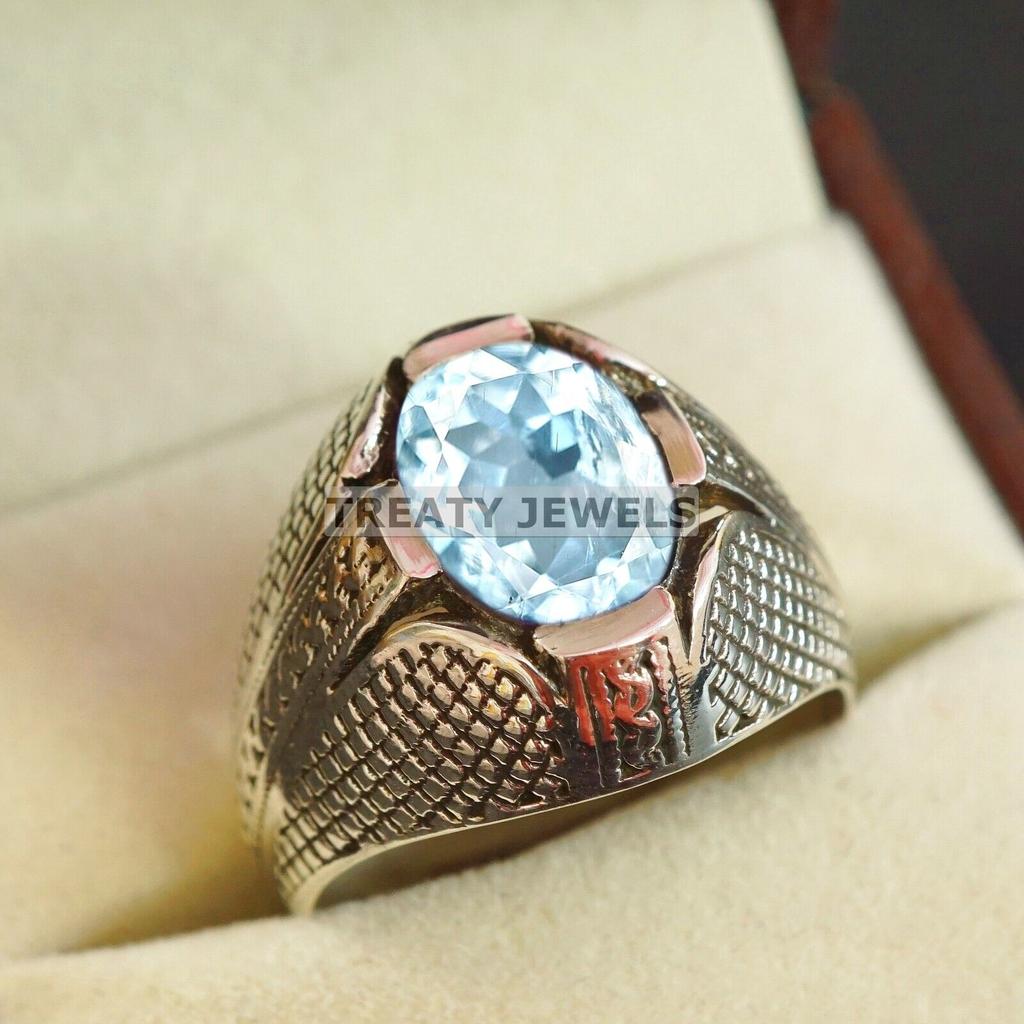 Aquamarine Oval Cut Gemstone With 925 Sterling Silver Ring For Men's #A734 JL375659034784