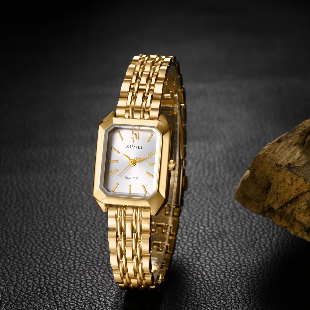 Square Bar Stainless Reverse Rotation Birthday Gold Women's Wristwatch, Waterproof, Dial Index, Simple, Quartz, Steel, Adjustable, Prevention,