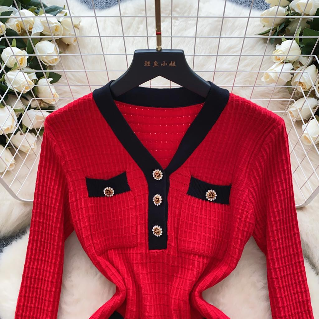 Spring Autumn Women Elegant V-neck Designer Knitted Sweater Mini Short Dresses