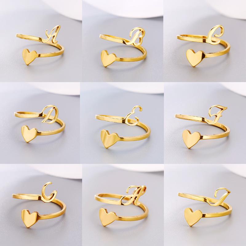 Stainless Steel Heart-Shaped Initial Ring for Women - Fashionable, Adjustable, In Stock