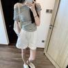 Striped one-word shoulder short-sleeved T-shirt women's summer new Korean style slim-fitting diagonal neck off-the-shoulder top trendy