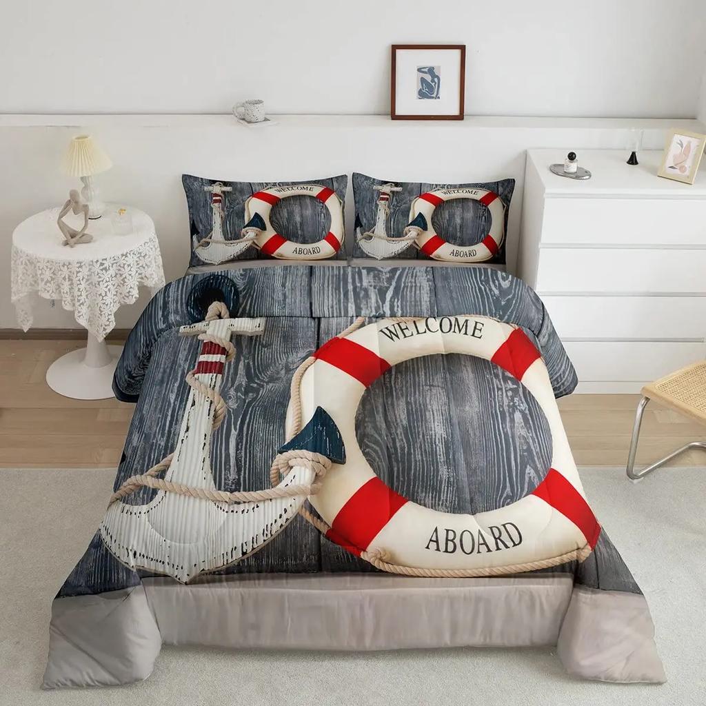 Nautical Anchor Pattern Duvet Cover Set King,Geometric Stripes Ocean Adventure Theme Quilt Navy Blue and Red Bedding Set 3pcs