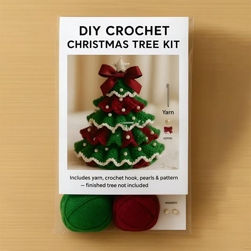 DIY Crochet Christmas Tree Kit – Handmade Holiday Decoration Set, Beginner Christmas Kit, Tree Bow Pearl Embellishment