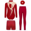 Ensemble de gymnastique et de danse pour filles Manches longues Dos avec découpe Strass Scintillants Justaucorps avec Short Leggings Bandeau pour Cheveux