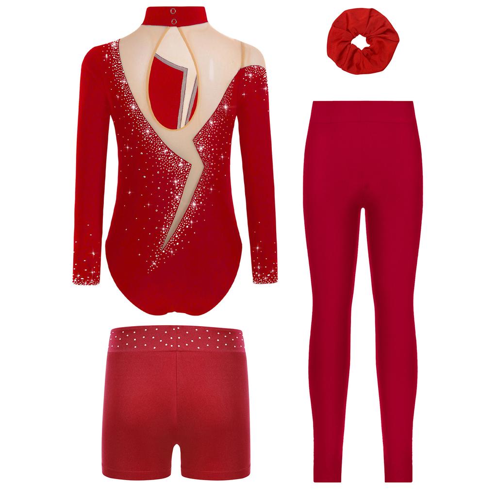 Ensemble de gymnastique et de danse pour filles Manches longues Dos avec découpe Strass Scintillants Justaucorps avec Short Leggings Bandeau pour Cheveux