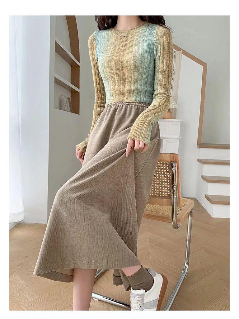 Women's High Waist Corduroy A-Line Mid-Length Skirt for Autumn/Winter