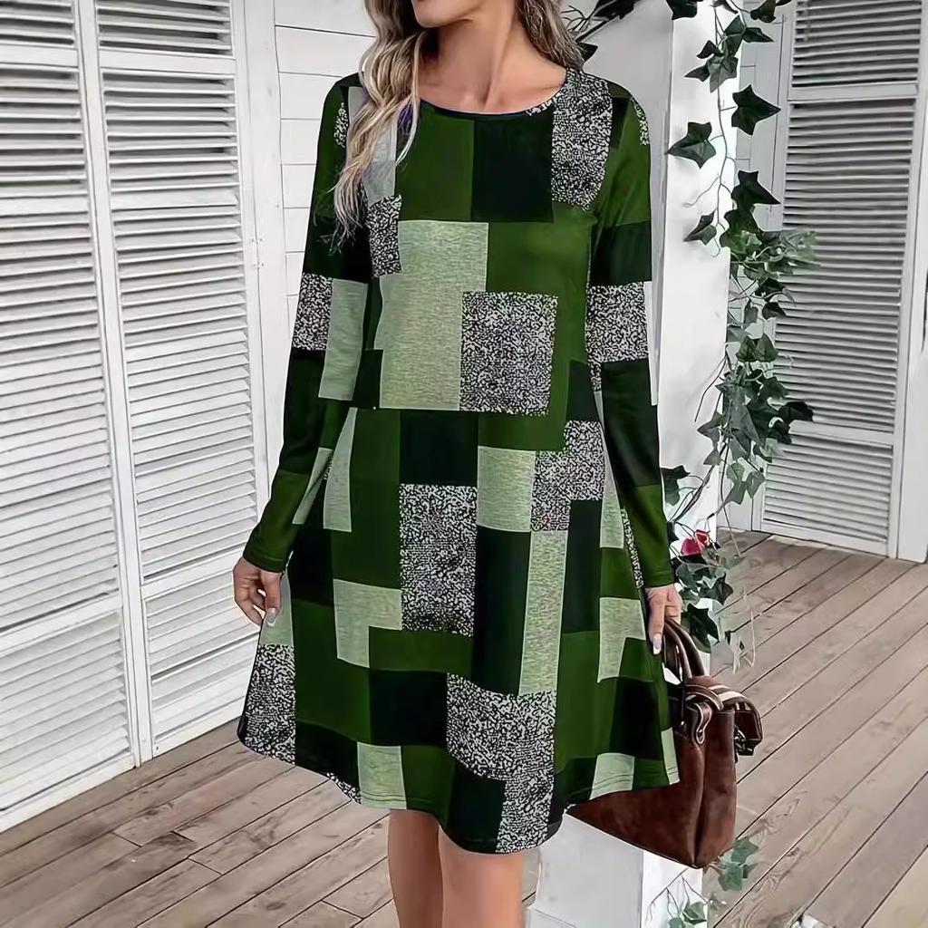 Color Block Geometric Pattern Print Long Sleeve Women's Dresses