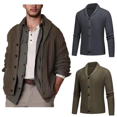 Cardigã Masculino Liso com Gola: Malha de Listras Verticais para Outono/Inverno.