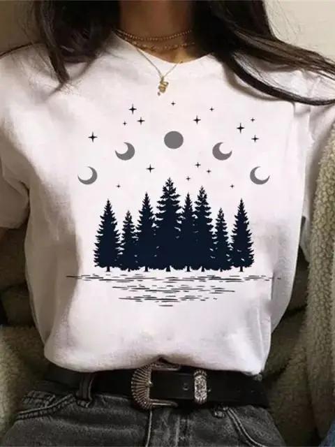 Plus Size New Funny Moon Print T Shirt Unisex White and Black Shirts Fashion Round Neck Short Sleeve T-Shirt Summer Tees