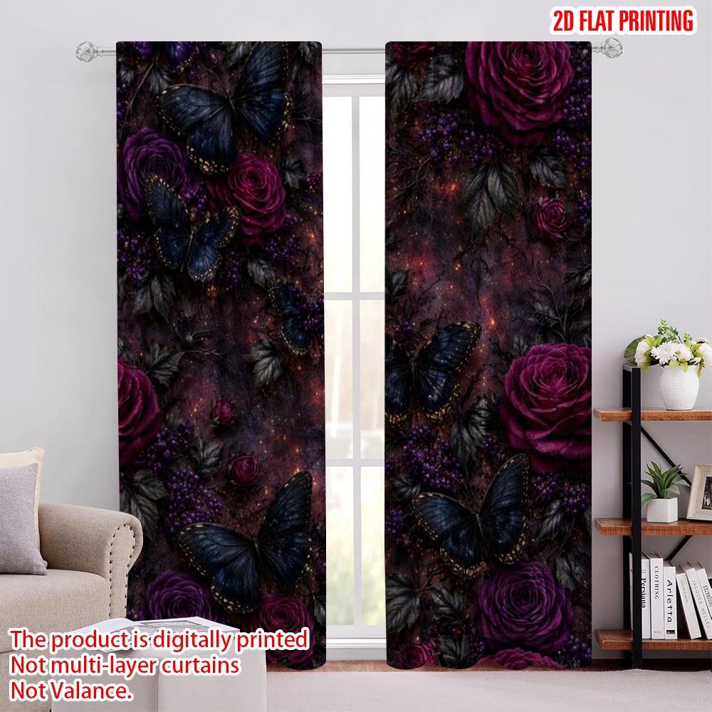 2D Flat Printing 2pcs Curtain Window Treatment Curtains Halloween Dark Butterflies Roses Digital Printed Polyester Drapes All