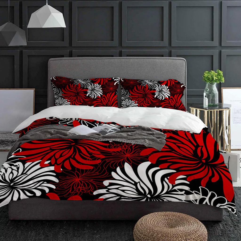 Red Black White Flower Chrysanthemum Duvet Cover With Pillow Case Custom 3pcs Bedding Set Quilt Cover Double Bed Home Textile