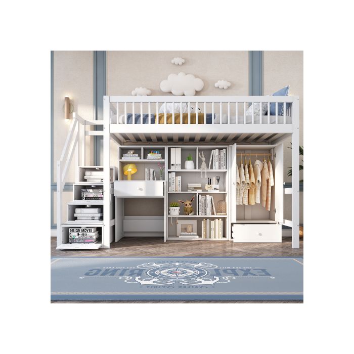 Jednoduchá multifunkční postel - MUVOE - 90x200 - Masivní dřevo - Integrovaný psací stůl - Bílá