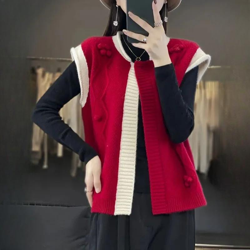Women's Western-style Round Neck Blocked Sleeveless Autumn Winter Cardigan High-end Vest  Knitted Sweater Paired Camisole