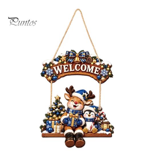 Cute Cartoon Christmas Ornament Wooden Welcome Sign, Front Door Hanging Rustic Holiday Vintage Style Sign Wall Decor with Elk/Santa Claus/Snowman/Elf