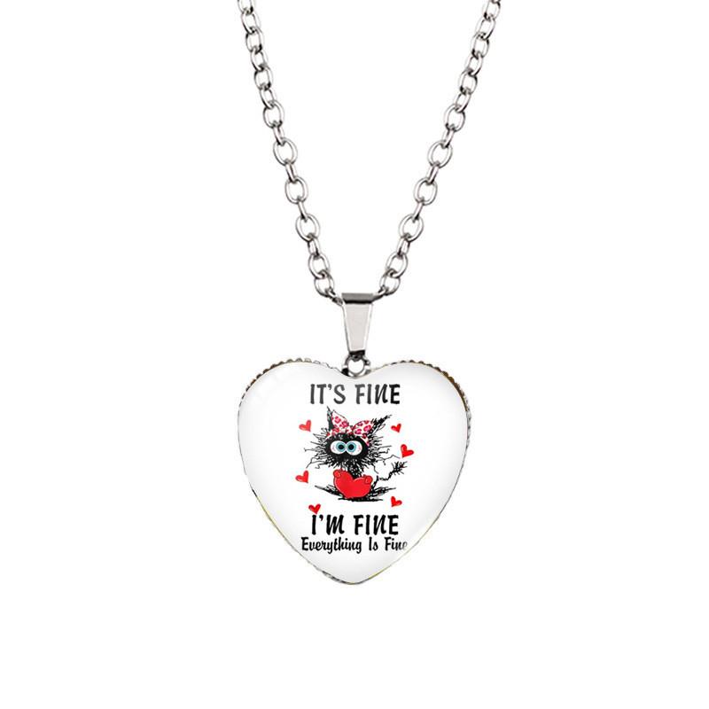 I'm Fine Everything Is Fine Heart Shaped Pendant Necklace Vintage Black Cat Design Fashionable Jewelry For All Genders