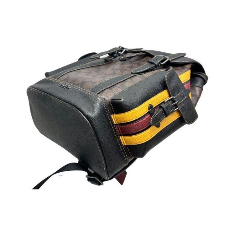 Coach Brown Signature Canvas Leather Trim Large Flap Backpack with Side Pockets for Daily Use