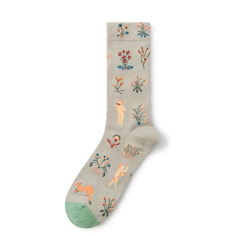French Retro Abstract Oil Painting Mid-Calf Socks - Trendy Autumn/Winter High-Top Creative Combed Cotton for Women