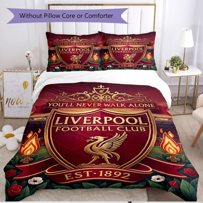 Parure de lit 3 pièces avec housse de couette (1*Housse de couette + 2*Taie d'oreiller, sans noyau), Ensemble de literie doux toutes saisons avec impression du Liverpool Football Club, Décoration de chambre à coucher à la maison Cadeau