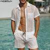 Men Two-piece Hollow Short Sleeve Tops Drawstring Elastic Shorts Beach Sets