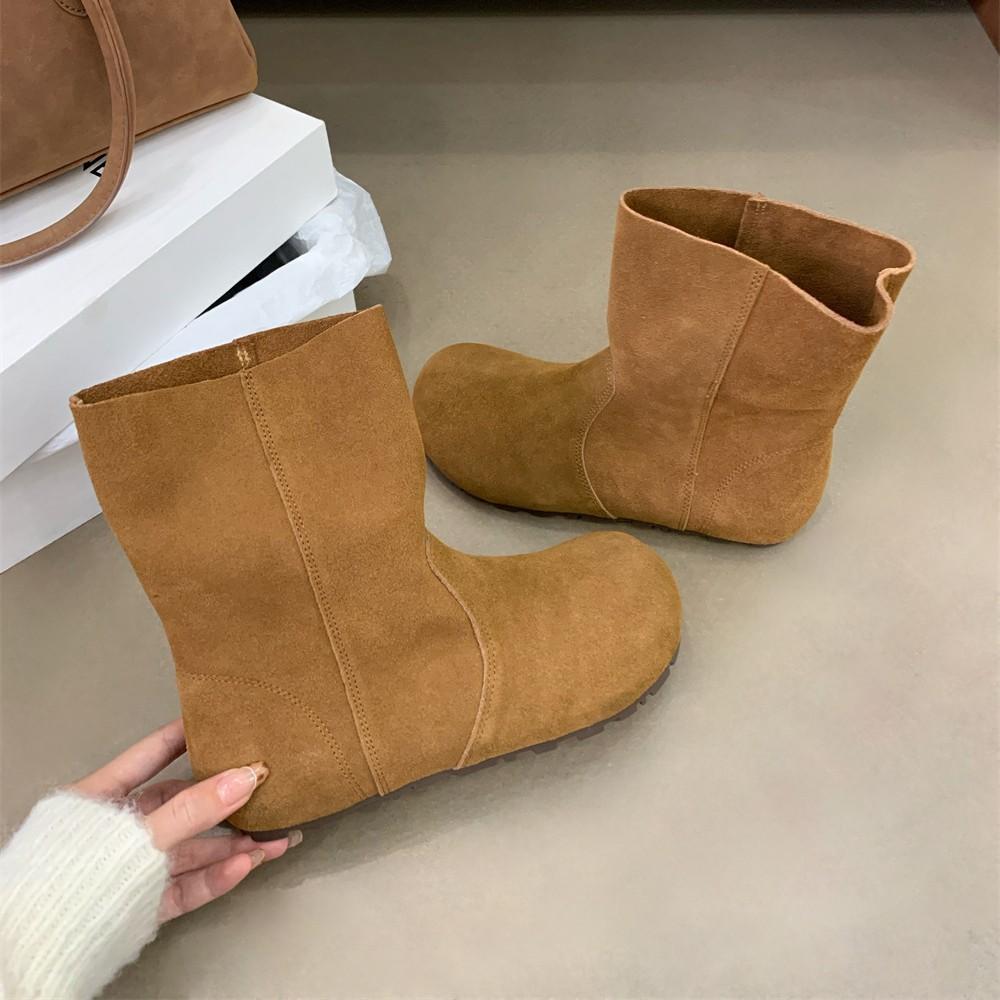 2025 Autumn and Winter New Round Head Leather Matte Thin Casual Thick Bottom Boken Low Tube Women's Short Boots