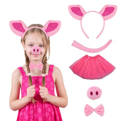 5Pcs/Set Girls Pig Ear Decor Headband Bowknot Necktie Pig Nose Mesh Yarn Skirt Set Halloween Pig Cosplay Set