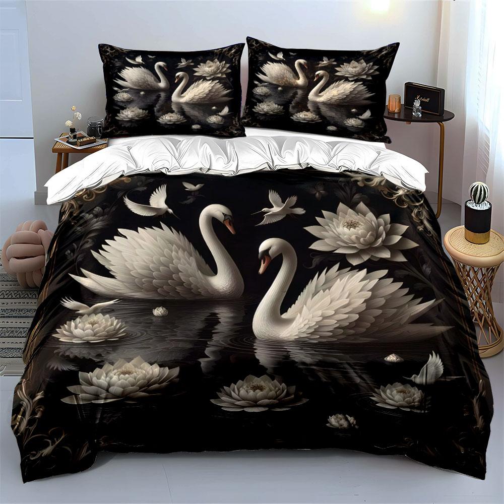 Elegant Swans With Lotus Flowers Printed Duvet Cover Set1 Duvet Cover+2 Pillowcasemulti Size Bedroom Bedding Decor Luxury Gift