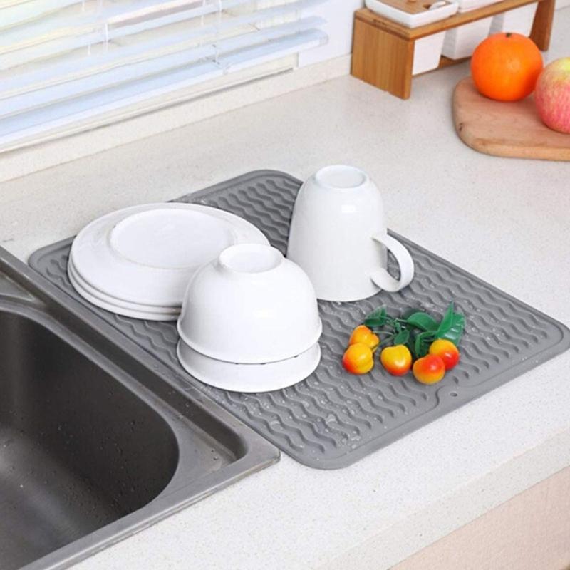 Foldable Kitchen Drying Mat Silicone with Raised Ridges, Space Saving Placemat, Waterproof Trivet, Coffee Bar Accessories for Dishes and Cups